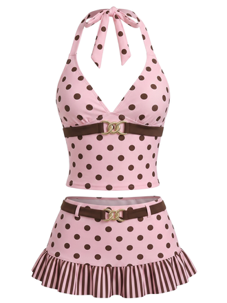 Ensemble Tankini Dos Nu à Pois Rose années 50