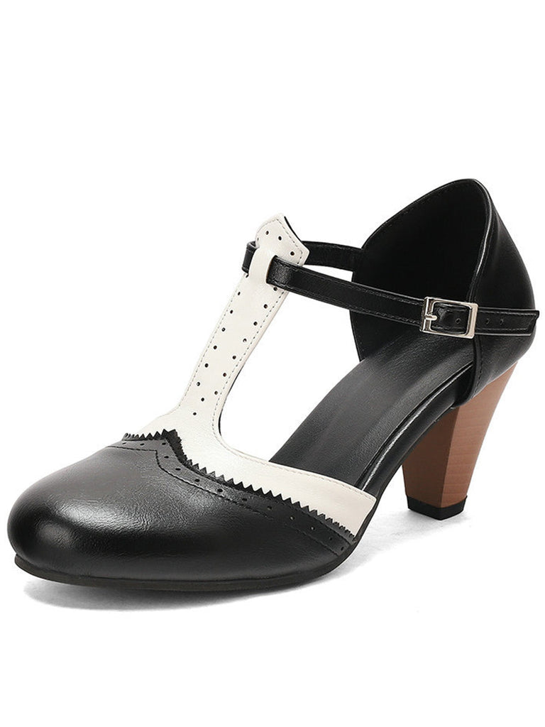 Escarpins Mary Jane à Bride en T Bicolores à Talon Bloc