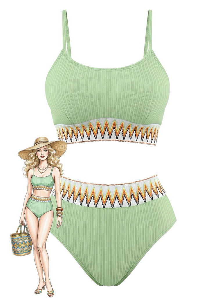 Bikini côtelé taille haute à motif zigzag années 1950