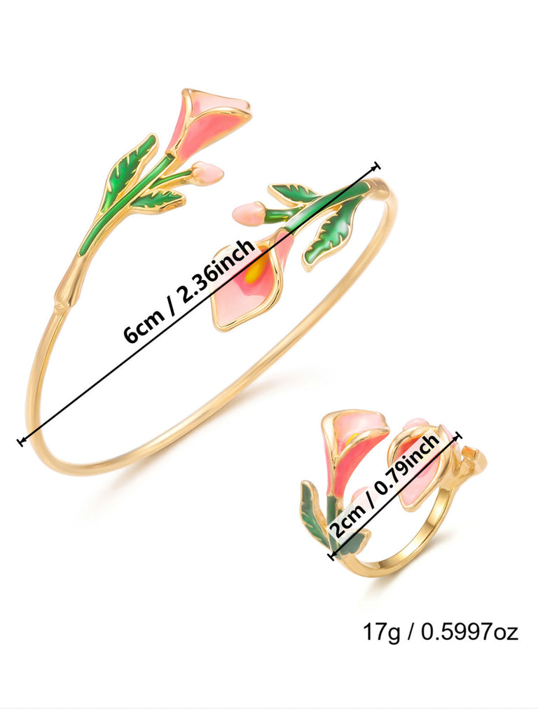 Ensemble Bracelet Manchette et Bague Floral Vintage