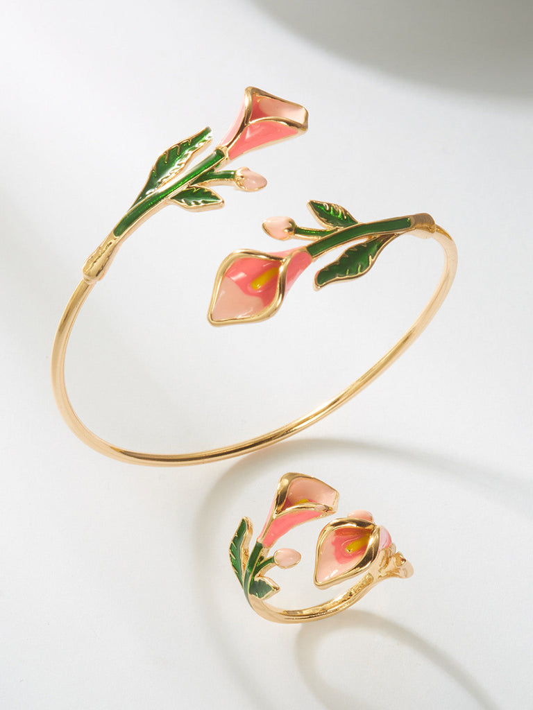 Ensemble Bracelet Manchette et Bague Floral Vintage