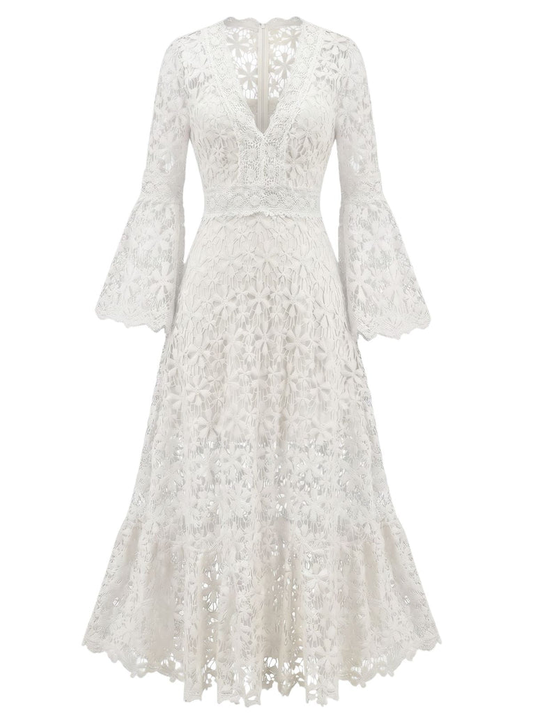 Robe Longue Évasée en Dentelle Dos Nu Unie années '30 5