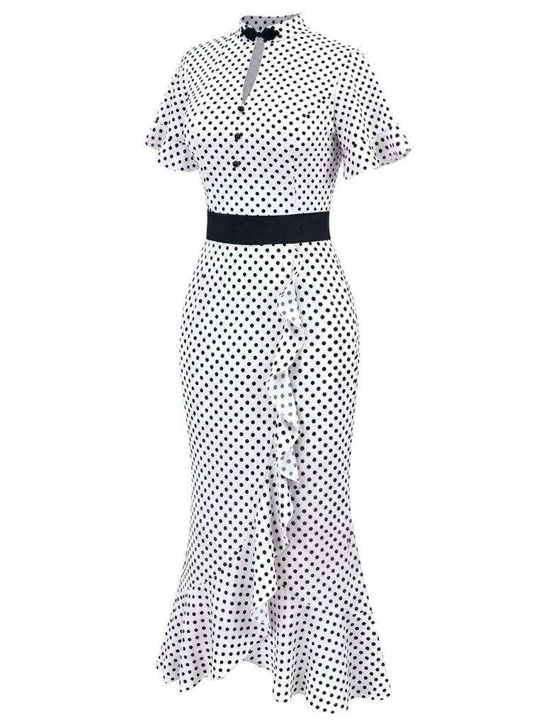 [Prévente] Robe sirène blanche à pois et volants années 1930