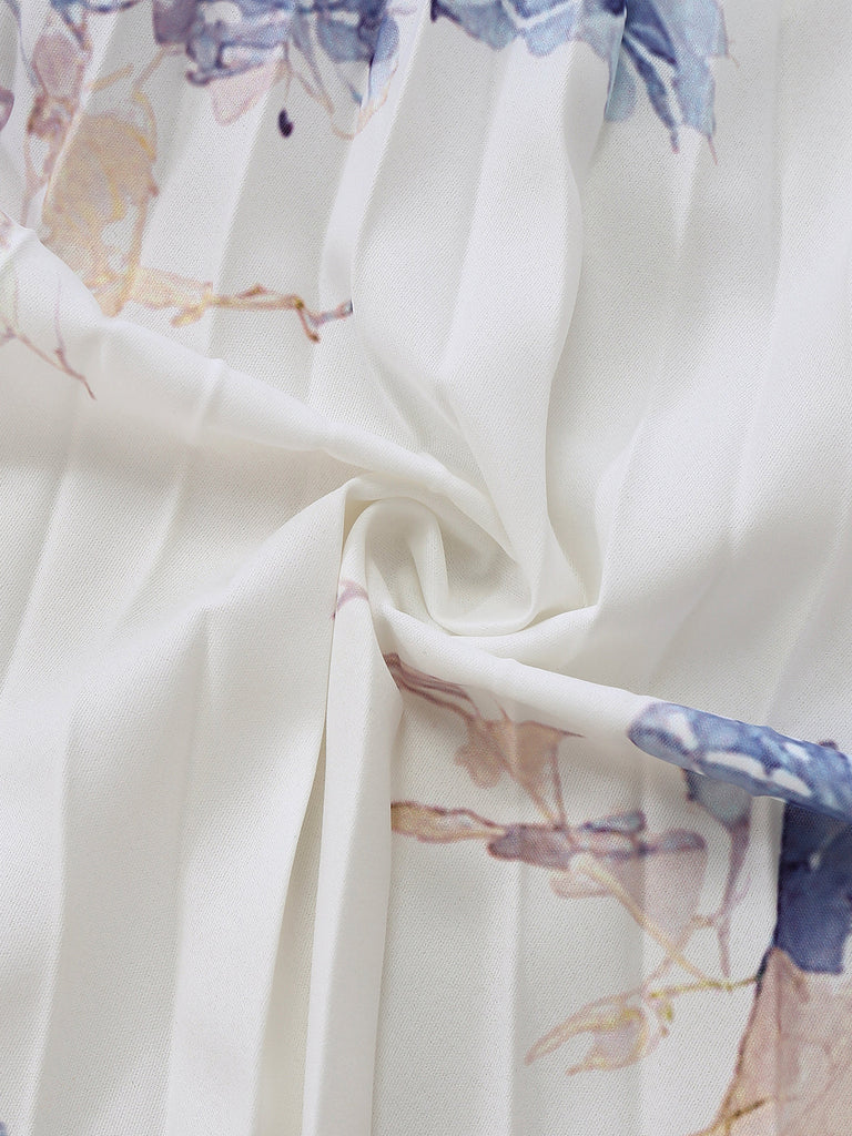 Close-up of a fabric with floral patterns in soft colors on a white background