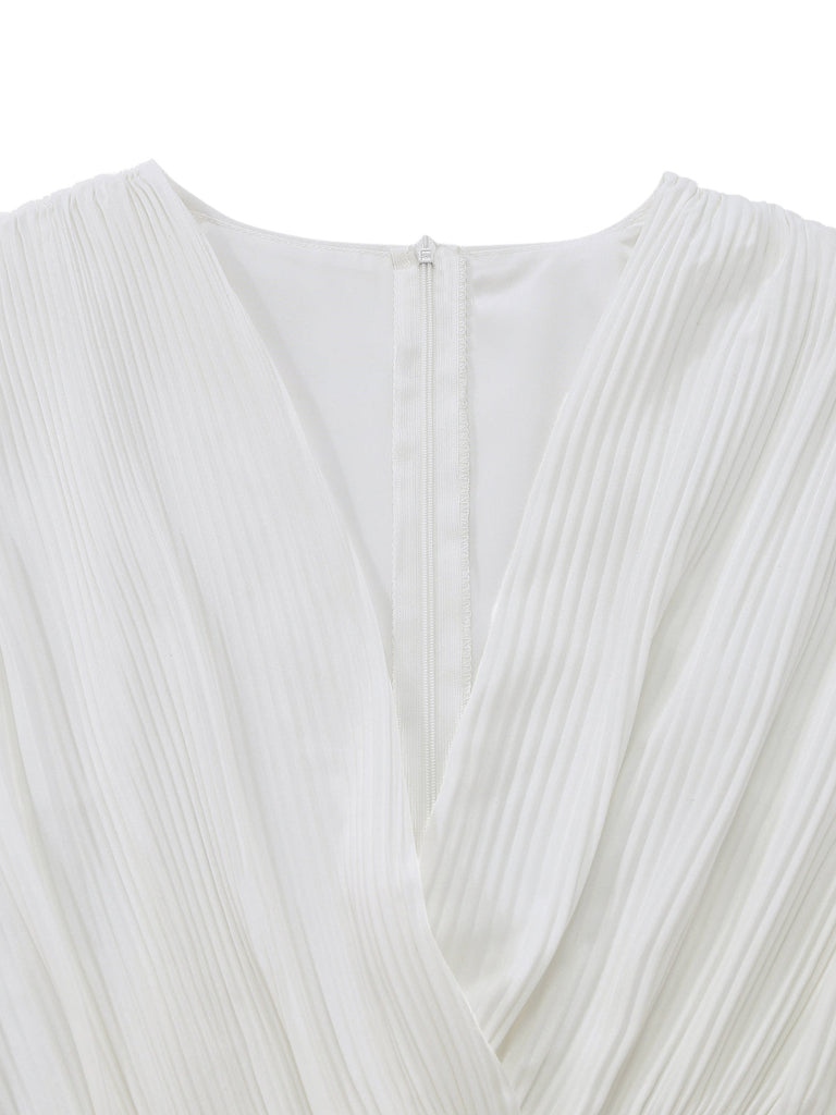 White-1930s-Watercolor-Floral-Deep-V-Pleated-Dress-Collar-Detail