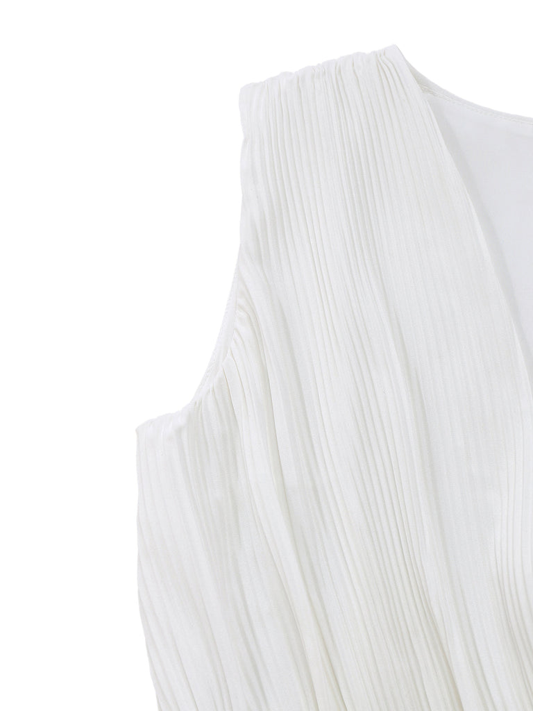White sleeveless top with pleated design on a white background