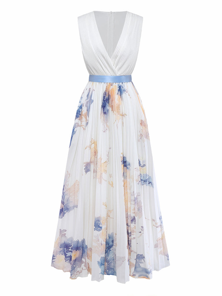 White dress with floral pattern and blue belt on a white background