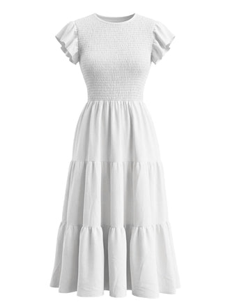 Robe Smockée à Volants Étagés et Manches Flottantes Blanche Années 1940 2