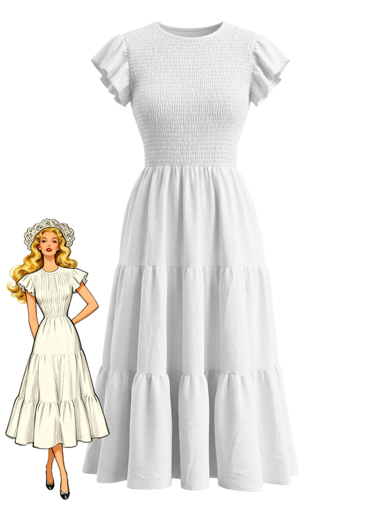 Robe Smockée à Volants Étagés et Manches Flottantes Blanche Années 1940