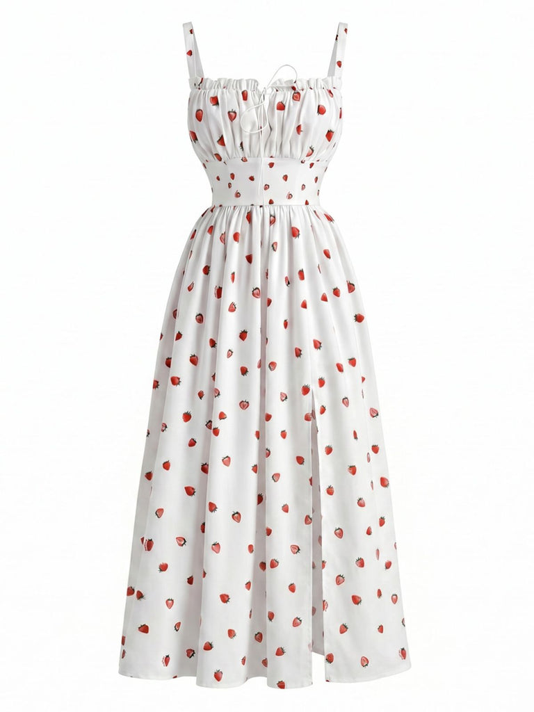 Robe à Bretelles avec Fente Fraise Blanc Années 40