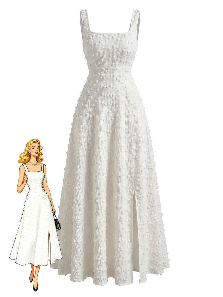 Robe Plumetis Texturée Col Carré Blanche Années 1930