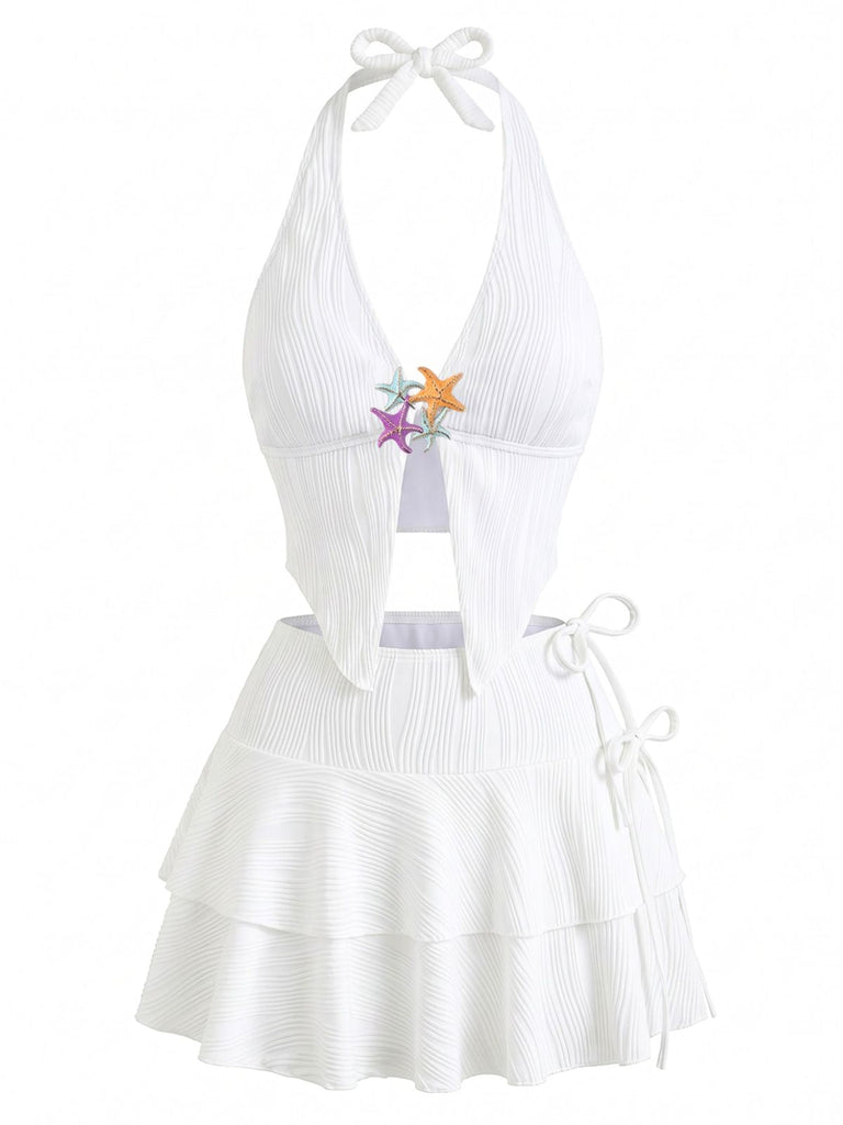 3PCS Blanc Uni Étoile de Mer Dos-Nu Maillot de Bain Années 1950 2