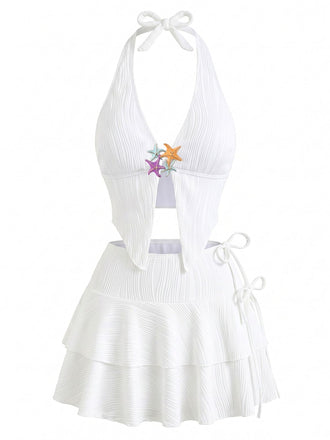 3PCS Blanc Uni Étoile de Mer Dos-Nu Maillot de Bain Années 1950 2