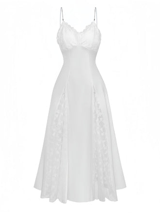 Chemise de Nuit Maxi en Satin Dentelle Strass Fendue Blanc Années 50