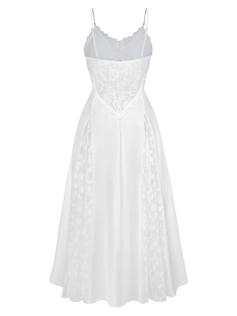 Chemise de Nuit Maxi en Satin Dentelle Strass Fendue Blanc Années 50