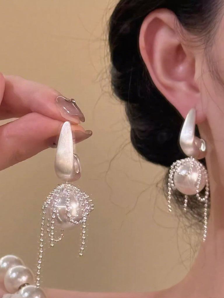 White Copper Pearl Tassel Drop Earrings - vintage fashion, retro style, pure white