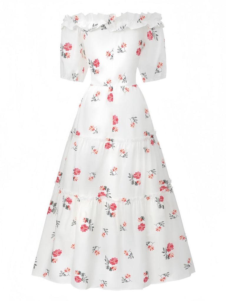 White 1930s Floral Ruffled Off-Shoulder Puff Dress back view