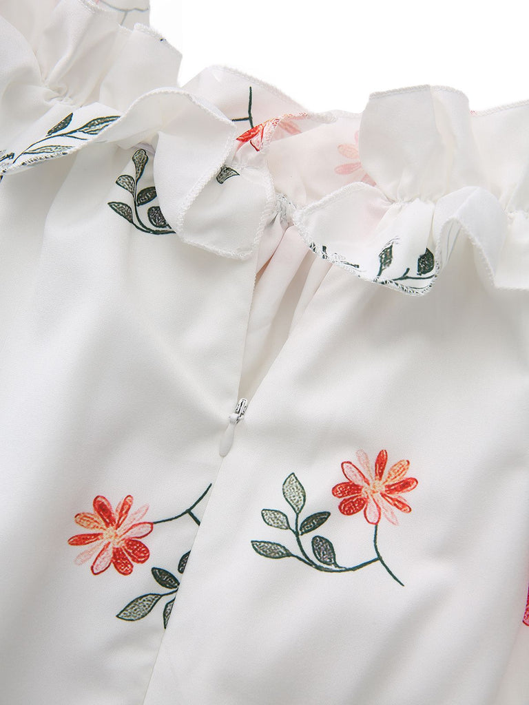 White 1930s Floral Ruffled Off-Shoulder Puff Dress neck back view