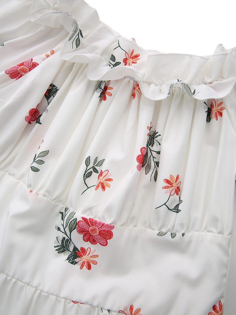 White 1930s Floral Ruffled Off-Shoulder Puff Dress neck front view