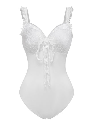 [Prévente] Maillot de bain une pièce blanc dentelle nœud 1950s
