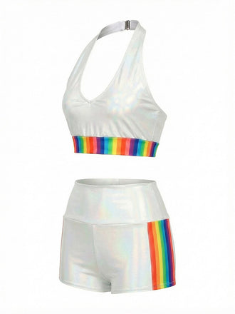 [Prévente] Ensemble bikini patchwork arc-en-ciel blanc 1960s