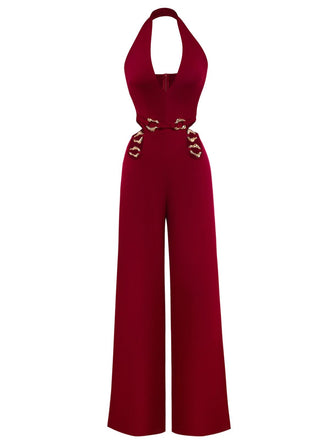 Red jumpsuit with gold belt on a white background