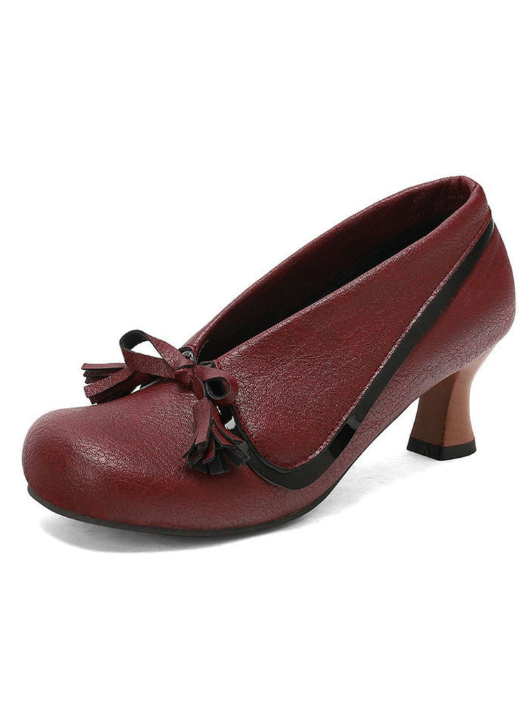Chaussures rétro à nœud en PU, bout rond et talon compensé