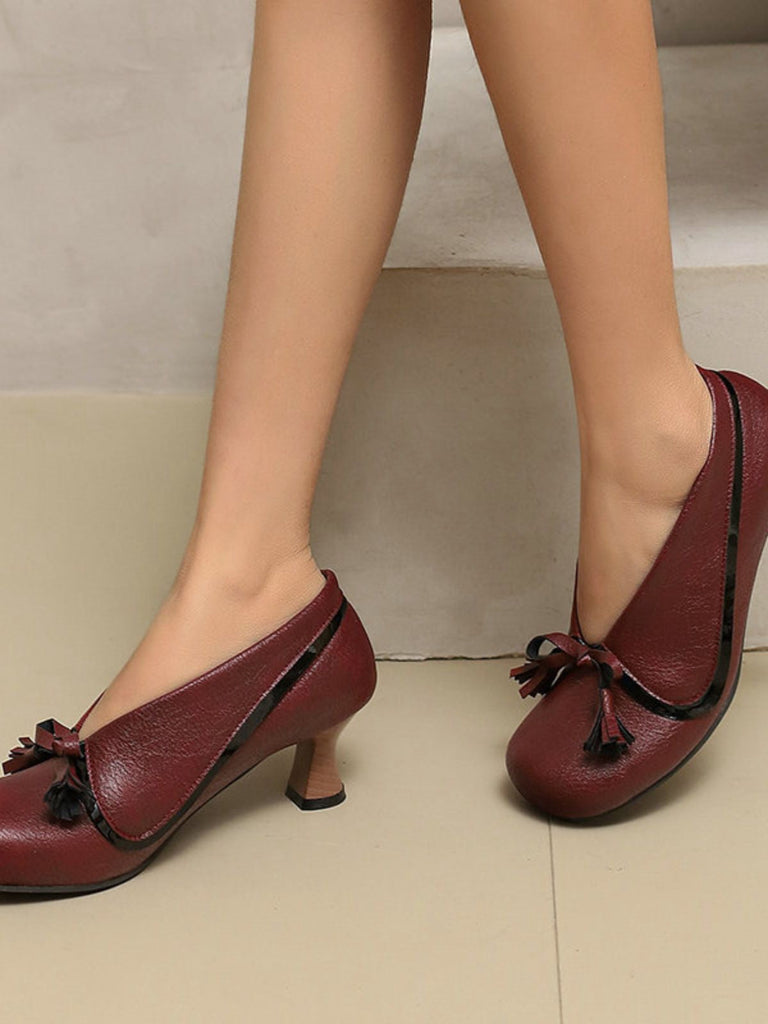 Chaussures rétro à nœud en PU, bout rond et talon compensé
