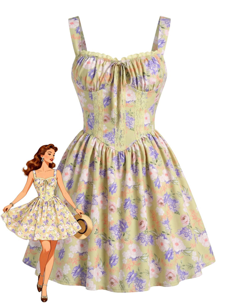 Dentelle Florale Patchwork Mini Robe Jaune Années 1950