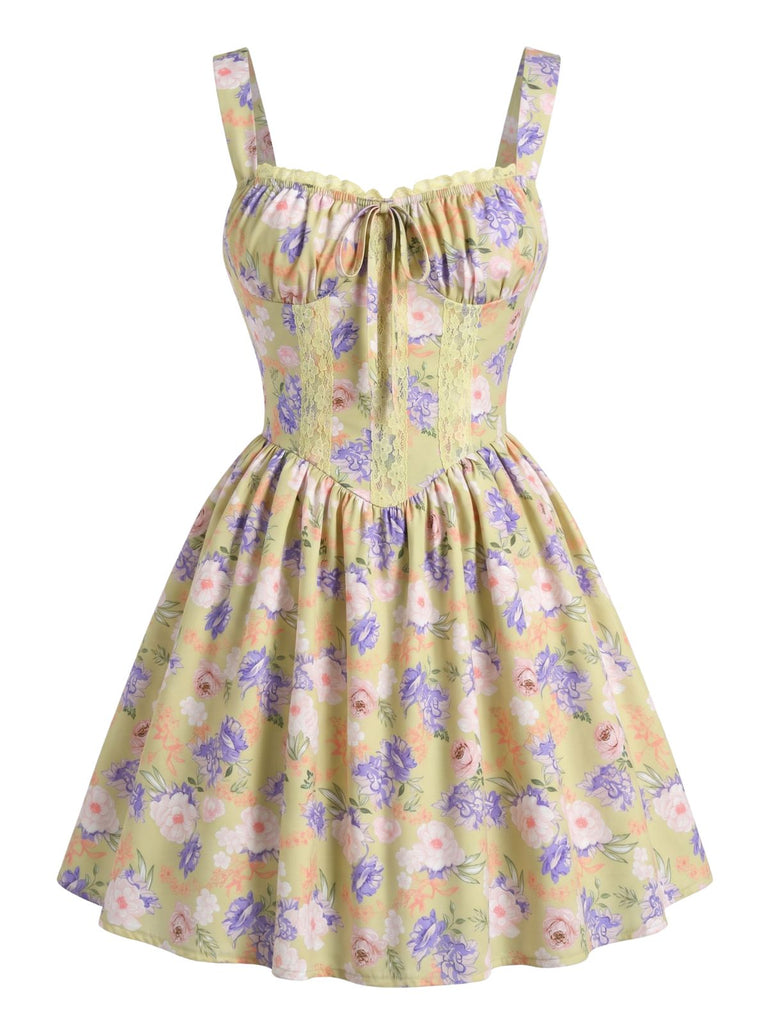 Dentelle Florale Patchwork Mini Robe Jaune Années 1950 2