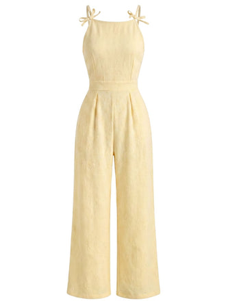 Combinaison Florale Jacquard à Bretelles Bretelles à Nouer Jaune Années 1950 2