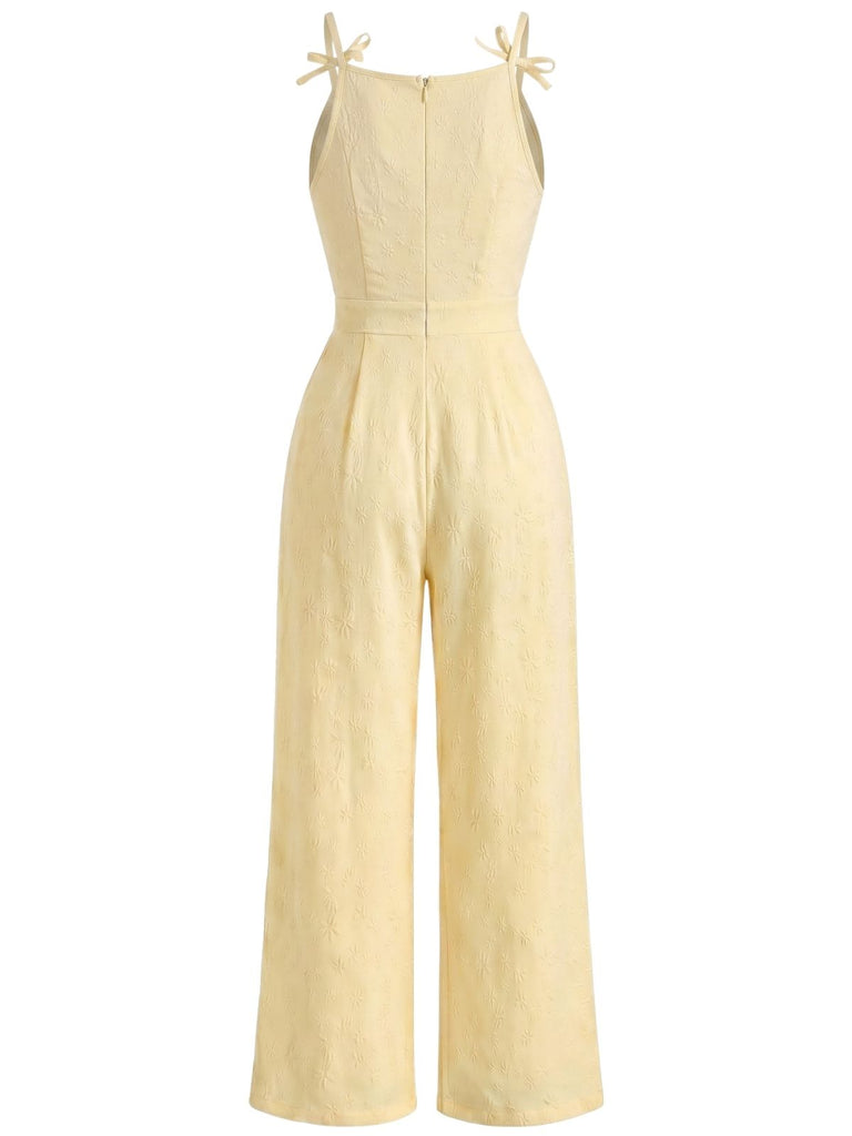Combinaison Florale Jacquard à Bretelles Bretelles à Nouer Jaune Années 1950 3
