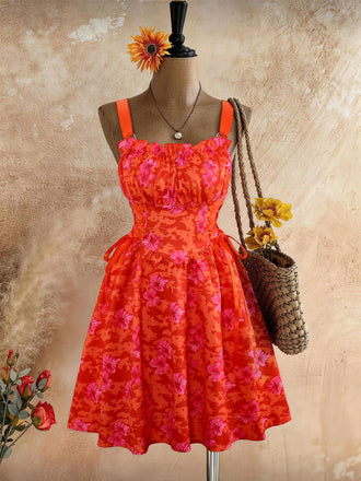 Robe Évasée Imprimée Fraises Col Claudine avec Ceinture années '50 12