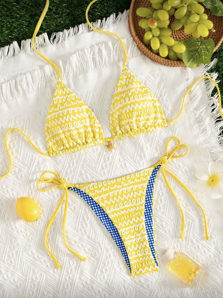 Ensemble Bikini Réversible Bicolore Jaune Années 80