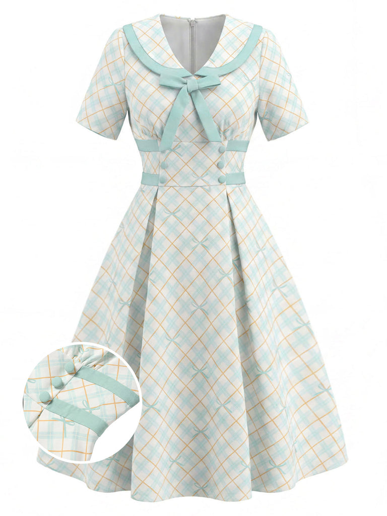 [Prévente] Robe Col Claudine à Carreaux avec Nœud Jaune & Bleu Années 50