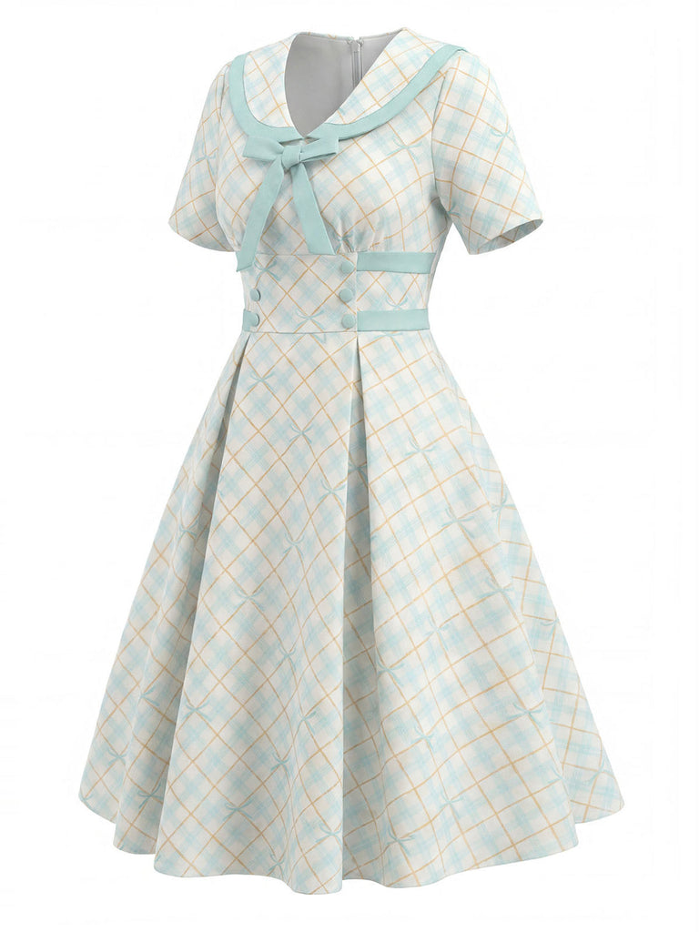 [Prévente] Robe Col Claudine à Carreaux avec Nœud Jaune & Bleu Années 50