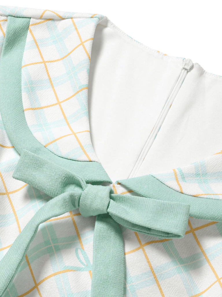 [Prévente] Robe Col Claudine à Carreaux avec Nœud Jaune & Bleu Années 50