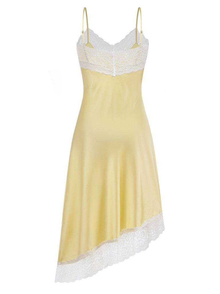 Yellow V-neck lace asymmetric nightgown back view revealing elegant draping and sophisticated design for intimate loungewear