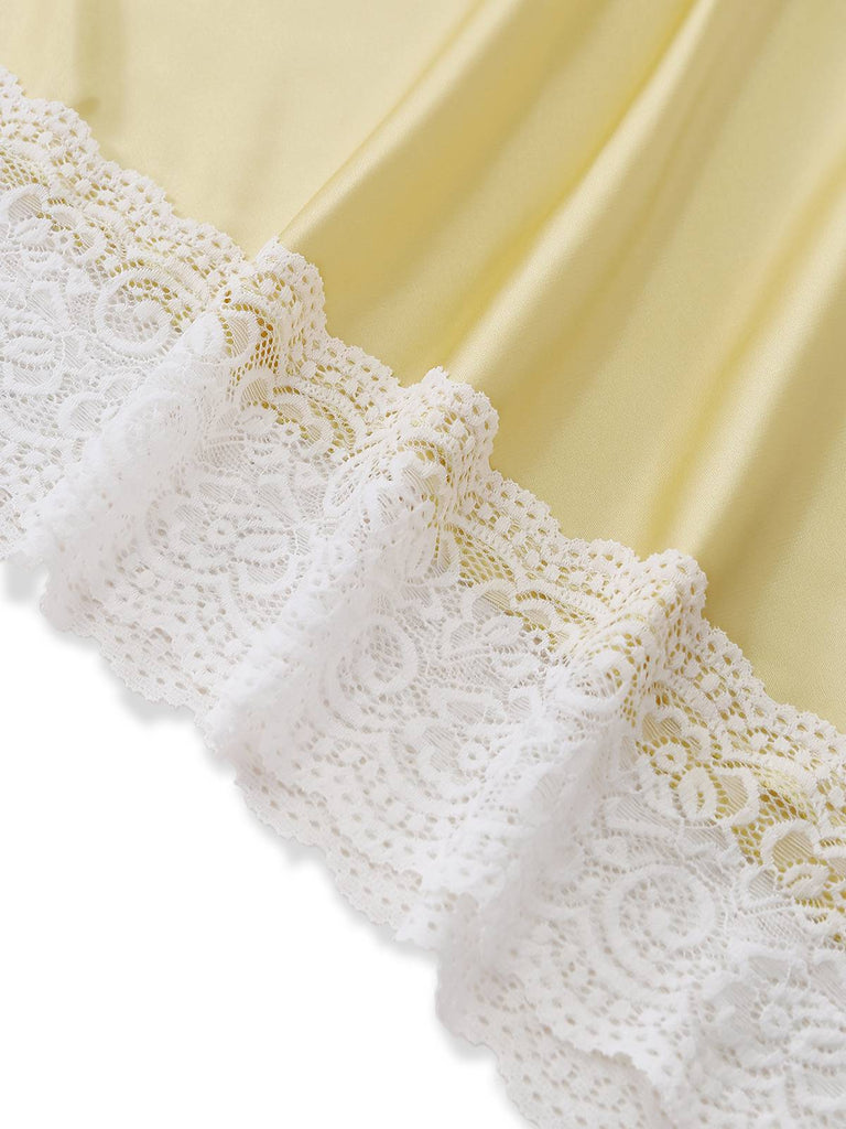 Yellow V-neck lace asymmetric nightgown hem detail showcasing uneven edge design and delicate finishing for elegant sleepwear