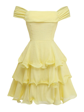 Yellow off-shoulder dress with ruffled layers on a white background