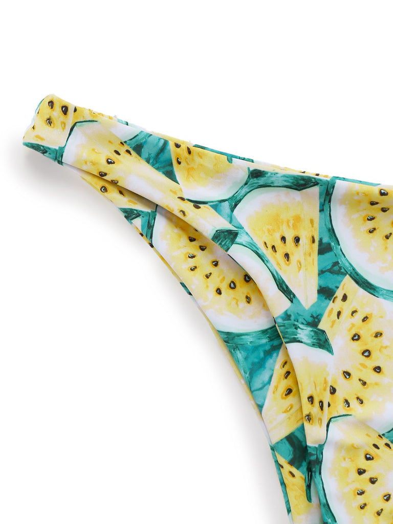 Detail: Yellow 1970s Kiwi Print Bandeau Bikini Set, elegant vintage style, perfect for vintage fashion lovers