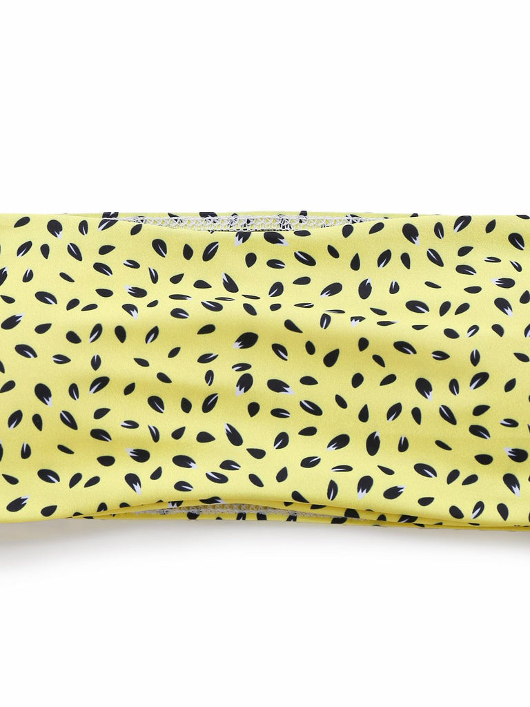 Detail: Yellow 1970s Kiwi Print Bandeau Bikini Set, retro fashion design, perfect for vintage fashion lovers