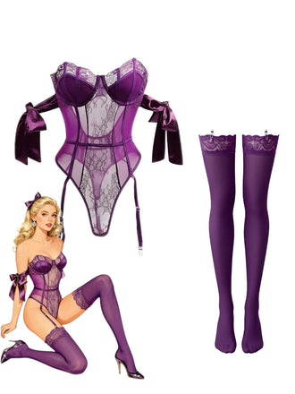 [Prévente] Ensemble pyjama body à nœud papillon uni avec bas assortis années 1980