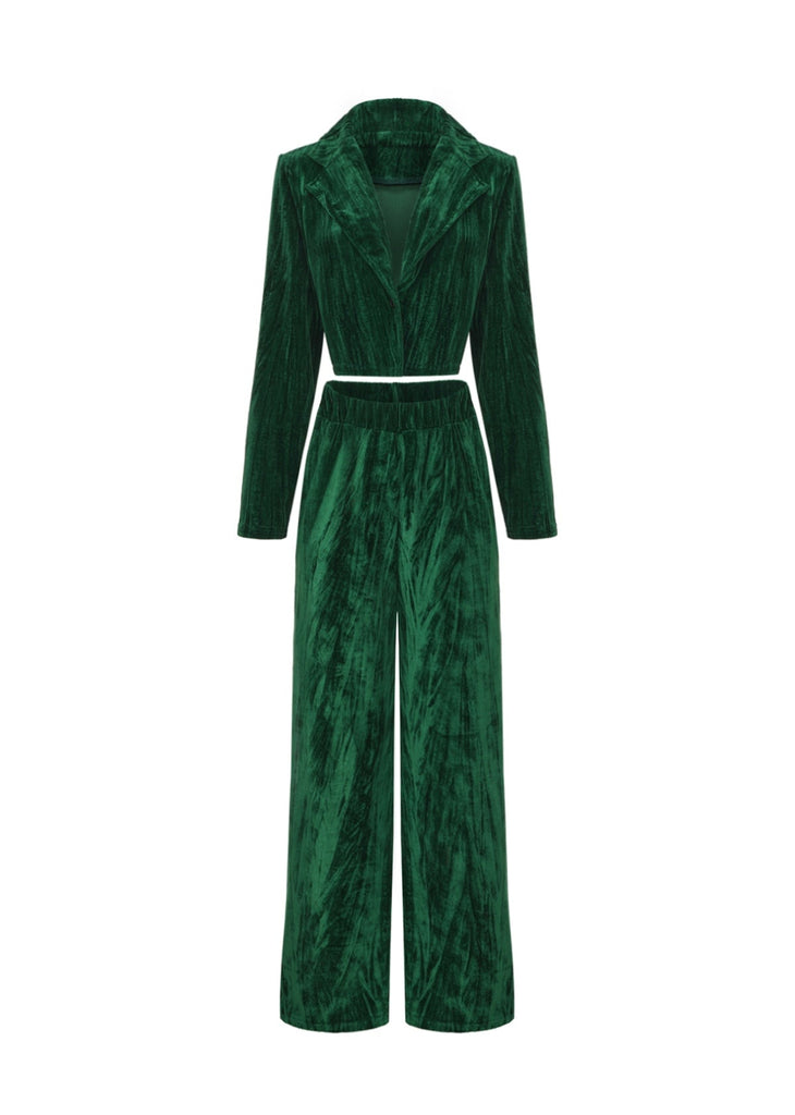 2PCS Blazer et pantalon large en flanelle plissée verte unie années 1980