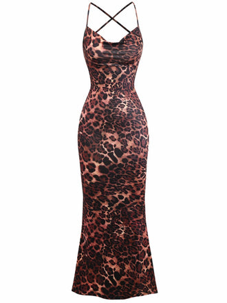 Robe à bretelles spaghetti dos nu à imprimé léopard années 1930