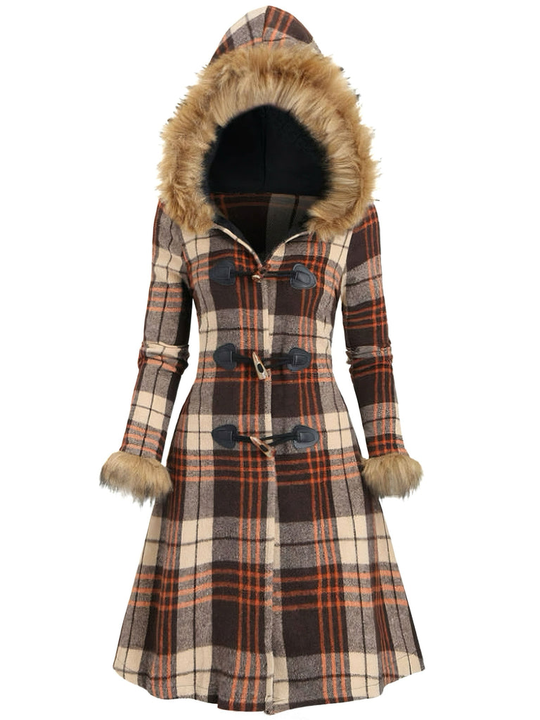 Manteau à capuche à carreaux et bordure en fausse fourrure années 1940