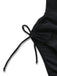 Detailed shot of the adjustable side-tie drawstring on the black one-piece swimsuit.