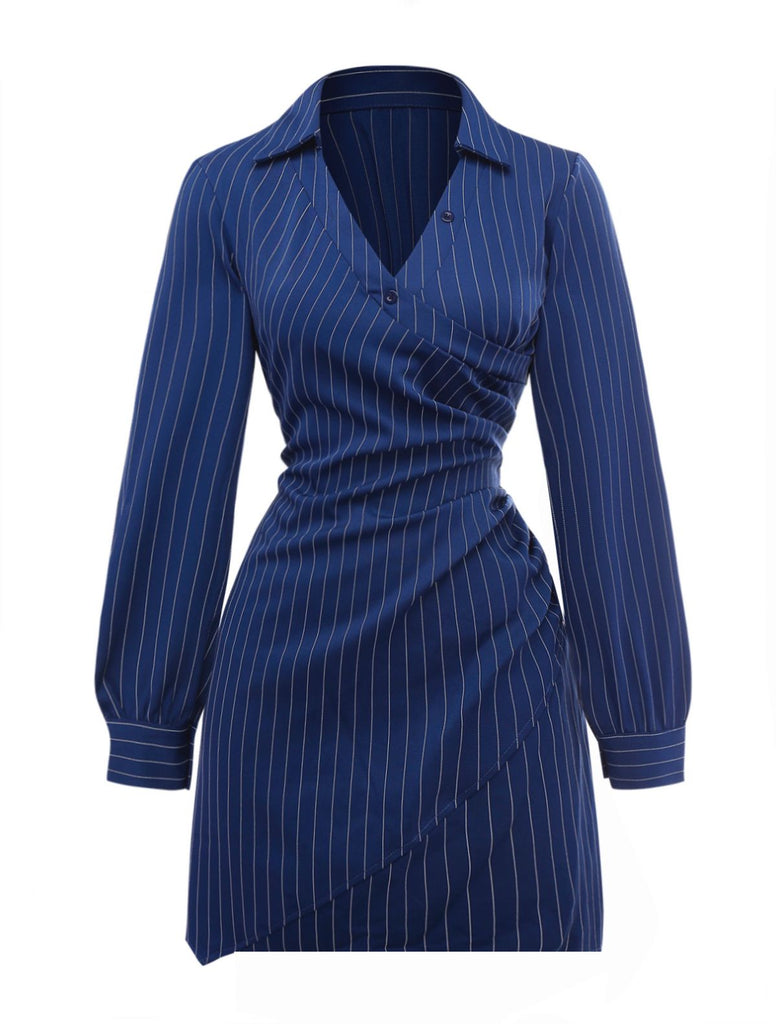 Robe chemise rayée fines bleue col Johnny des années 60