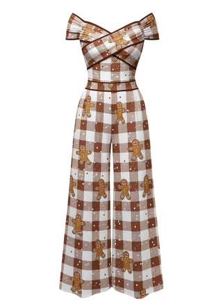 [Pré-vente] Combinaison marron à épaules dénudées carreaux et pain d'épices des années 1960