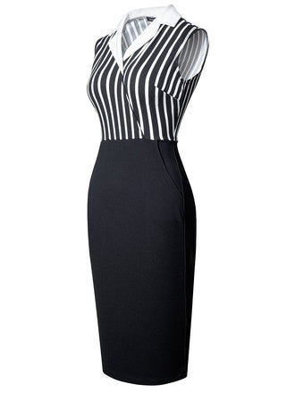 Robe crayon noire à revers et patchwork à rayures des années 1960
